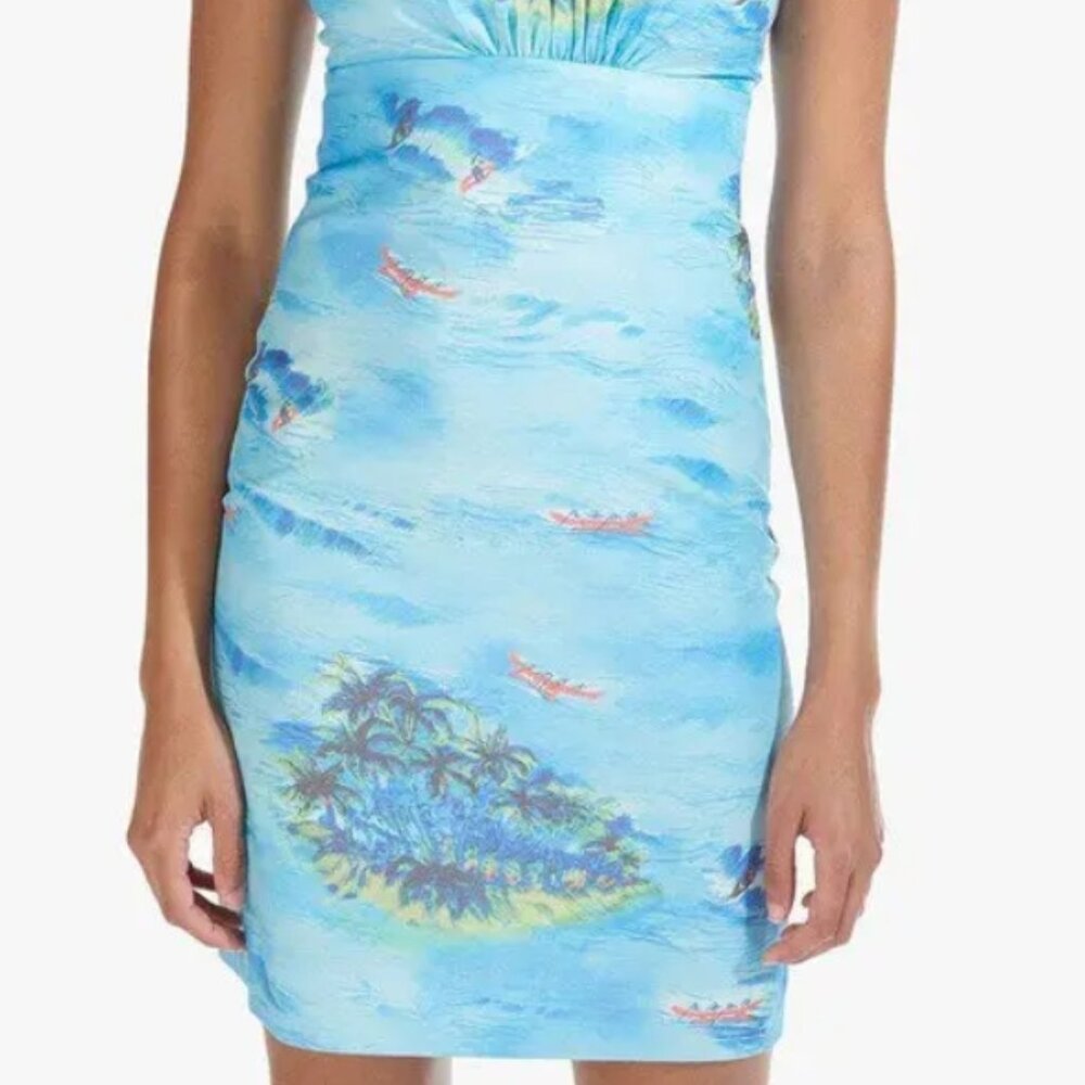 NWOT Staud Bell Island-Print Ruched Empire Waist Mini Dress Blue L $340 - Picture 5 of 8